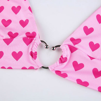 Cute Pink Heart Print Halter Bustier Crop Top Sleeveless Backless Lace Up Bralette Summer Casual E-Girl Kawaii Korean Japanese Harajuku Streetwear