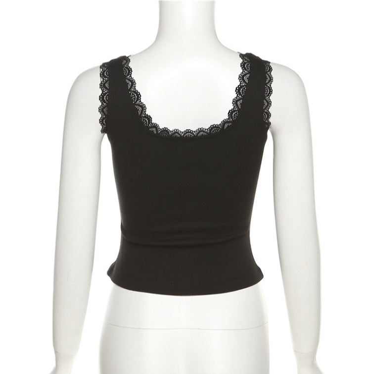Black Bow Lace Trim Tank Top