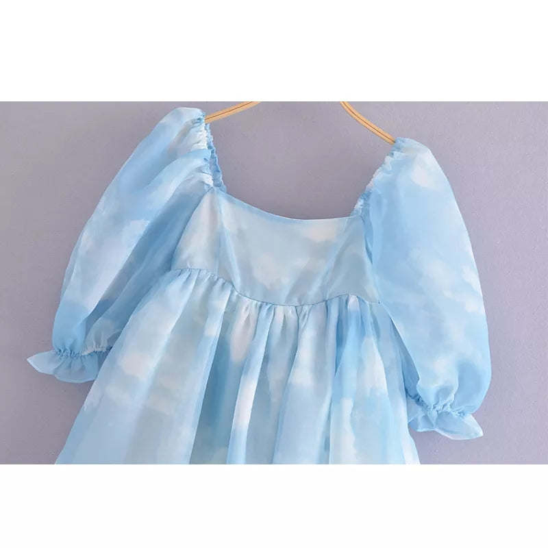 Cute Sexy Blue Cloud Sky Princess Square Neck Puff Sleeve Mini Party Dress Summer Aesthetic E-Girl Kawaii Korean Japanese Harajuku