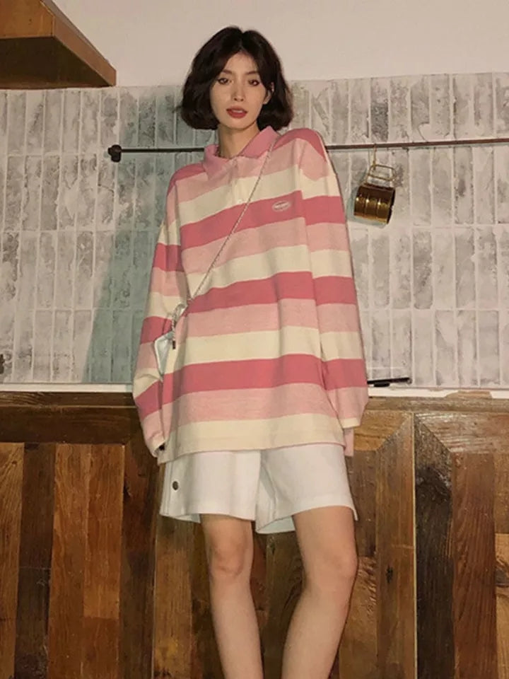 Pink Striped Oversized Preppy Long Sleeve T-shirt