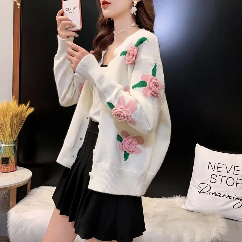 Rose Embroidery Button Up Cardigan