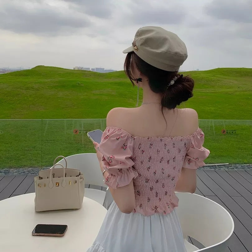 Sweet Floral Bow Pleated Puff Sleeve Blouse Aesthetic Casual E-Girl Kawaii Korean Japanese Harajuku