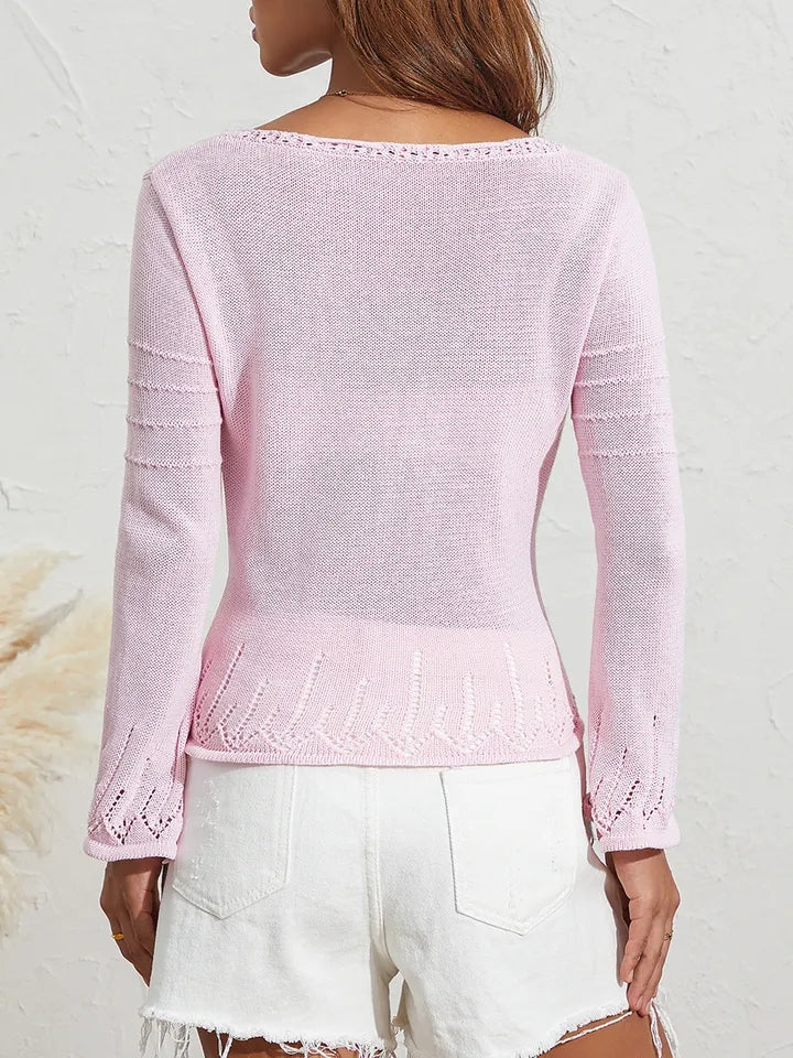 Pink Hollow Out Tie Up Knit Long Sleeve Flare Top