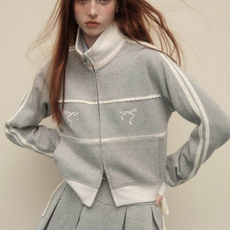 Grey Bow Embroidery Zipper Jacket