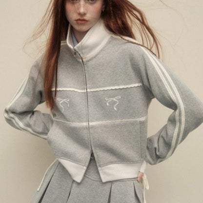 Grey Bow Embroidery Zipper Jacket