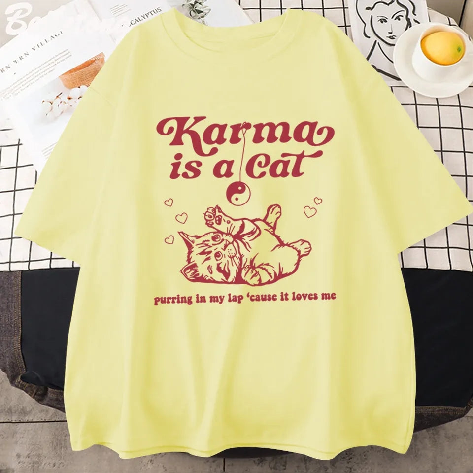 Karma Cat Print Short Sleeve T-shirt