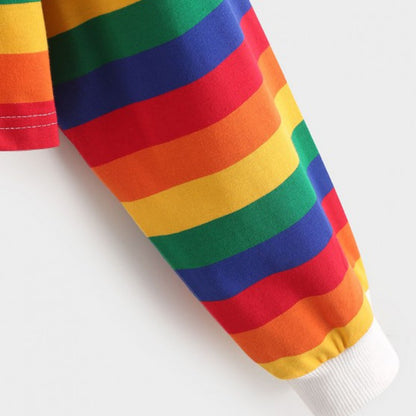 Cute 90s Rainbow Butron Crop Top Sweatshirt Sweater Oversized Hoodies Long Sleeve Shirt Top E-Girl Kawaii Korean Japanese Harajuku Retro Streetwear
