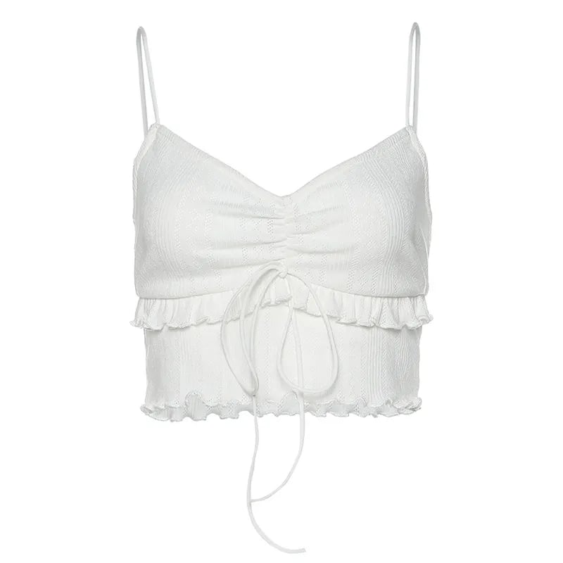 White Ruffle V Neck Lace Up Camisole
