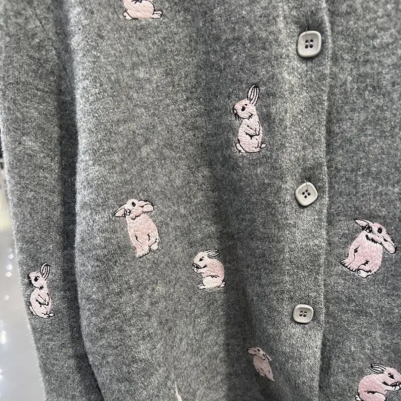 Grey Rabbit Embroidery Knit Cardigan