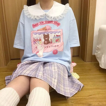 Sweet Bear Ice Cream Shop Print Loose Short Sleeve T-shirt