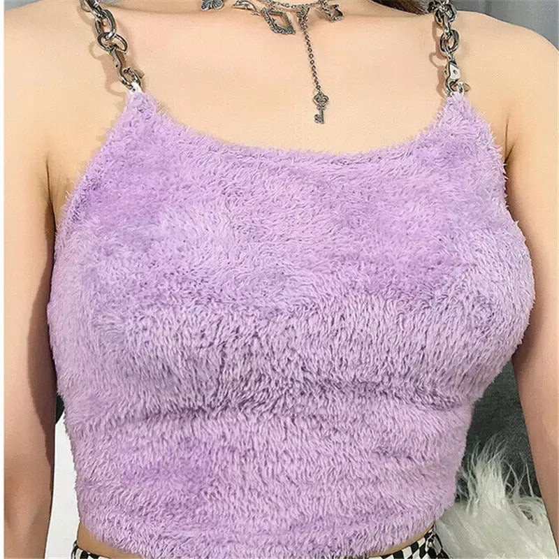 Cute Sexy Purple Chain Sling Fur Fluffy Casual Tank Crop Top Sleeveless Shirt Summer Club E-Girl Kawaii Korean Japanese Harajuku Retro Streetwear