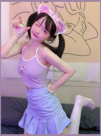 Cute Vintage Cat Kitten Cartoon Print Aesthetic Sleeveless Shirt Crop Top Tank Camisole Casual E-Girl Kawaii Korean Japanese Harajuku Streetwear