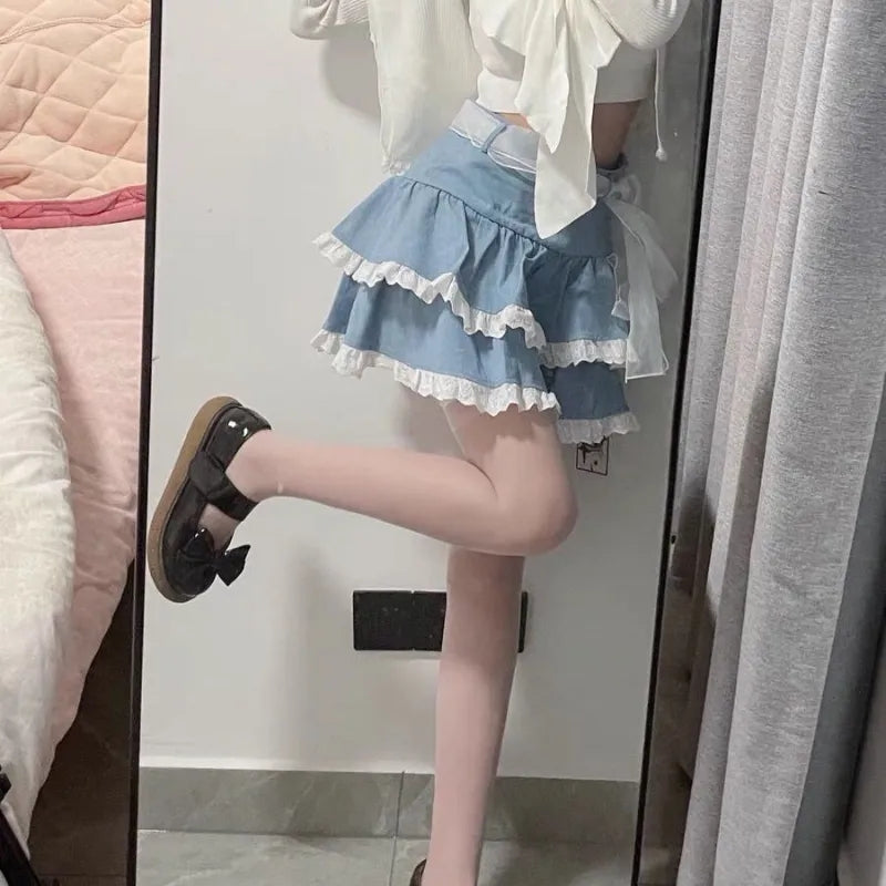 Blue Ruffle Lace Patchwork Mini Skirt