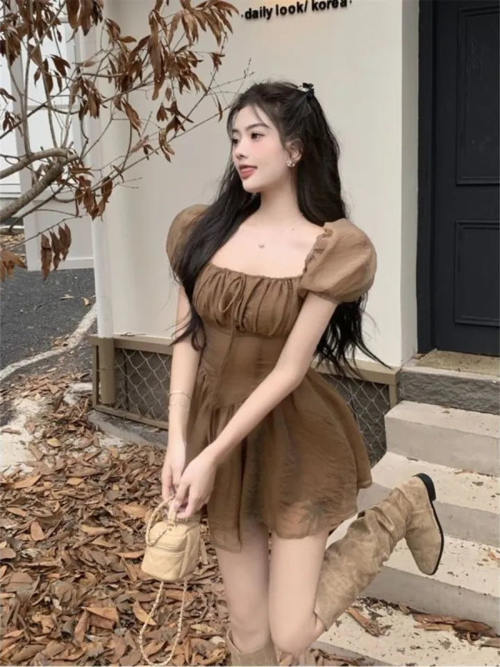 Brown Squares Neck Puff Sleeve Dress