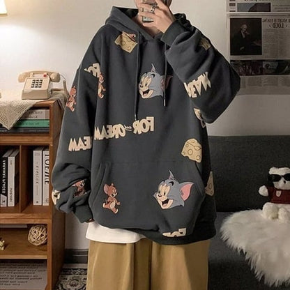 Cute Funny Cat Mouse Print Cartoon Oversized Loose Hoodie Sweatshirt Pullover Sweater Casual E-Girl Kawaii Korean Japanese Harajuku Streetwear