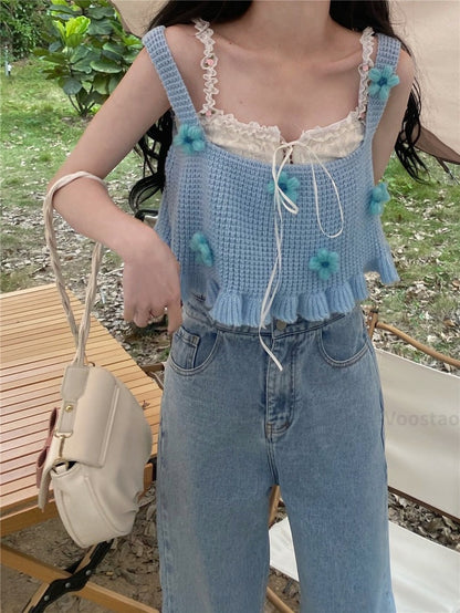 Blue Floral Knit Vest Tank Top