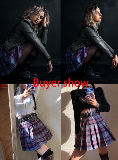 Cute Vintage Plaid Belt Chain High Waisted Mini Skirt School Uniform Tennis A-line Goth Punk Club E-Girl Kawaii Korean Japanese Harajuku Streetwear