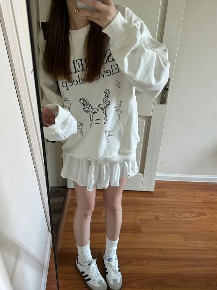 White Ballet Dancer Print Crewneck Sweater