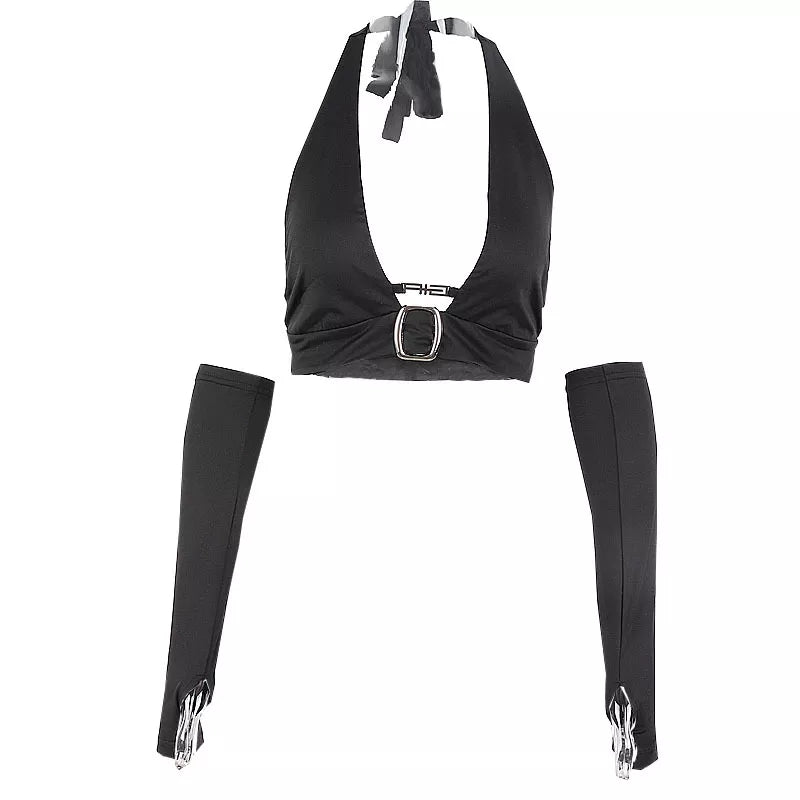 Black Metal Buckle Halter Top with Sleeves