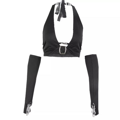 Black Metal Buckle Halter Top with Sleeves