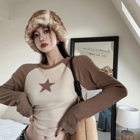 Brown Star Patchwork Long Sleeve T-shirt