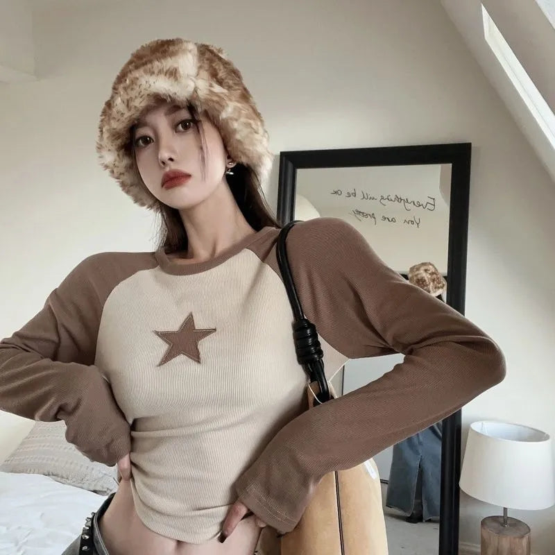 Brown Star Patchwork Long Sleeve T-shirt