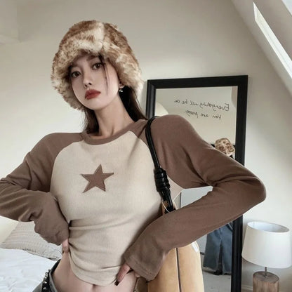 Brown Star Patchwork Long Sleeve T-shirt