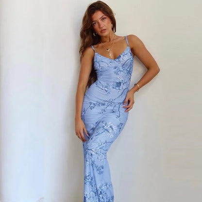 Blue Floral V Beach Maxi Dress