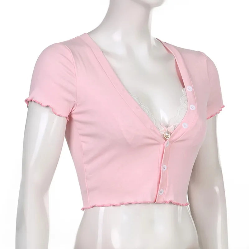 Sweet Lace Button V Neck Cropped Short Sleeve T-Shirt