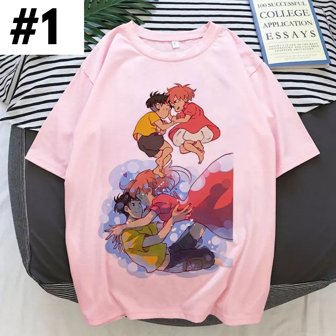 Cute Pink Ponyo Anime Cartoon Print Graphic Short Sleeve Shirt Top Summer Aesthetic Casual E-Girl Kawaii Korean Japanese Harajuku