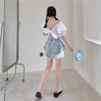 2pcs Blue Denim Lace High Waist Shorts