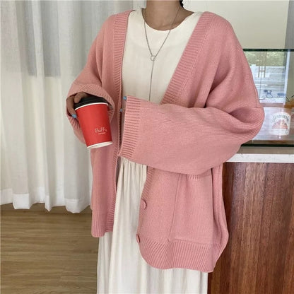Cute Baby Pink V Neck Chic Loose Oversized Knit Cardigan Long Sleeve Sweater Jumper Aesthetic Casual Summer E-Girl Kawaii Korean Japanese Harajuku