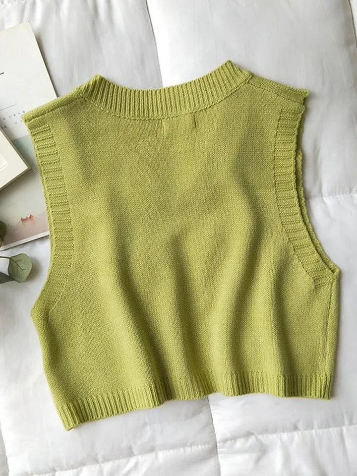 Green V Neck Knit Sweater Vest