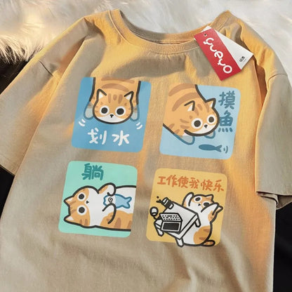 Orange Cat Print Short Sleeve T-shirt