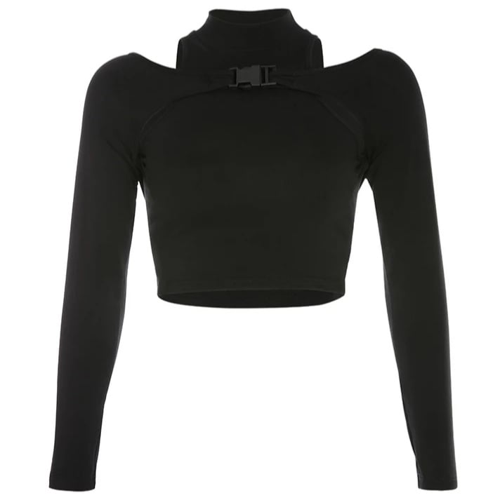 Cute Black Buckle Hollow Out Turtleneck Crop Top Long Sleeve Shirt Punk Goth Summer Aesthetic Casual E-Girl Kawaii Korean Japanese Harajuku