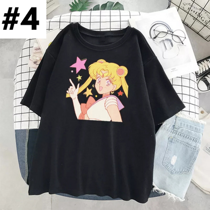 Cute Japanese Anime Girl Cartoon Print Loose Short Sleeve Shirt Aesthetic Casual E-Girl Kawaii Korean Japanese Harajuku