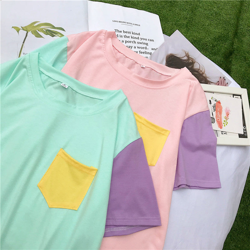 Cute Pastel Patchwork Contrast Kpop Bangtan Boys T-shirt Tee Top Korean Japanese Harajuku Chinese Retro Streetwear Aesthetic Fashion