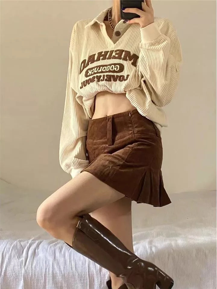 Beige Embroidery Polo Collar Embroidery Oversized Long Sleeve Shirt