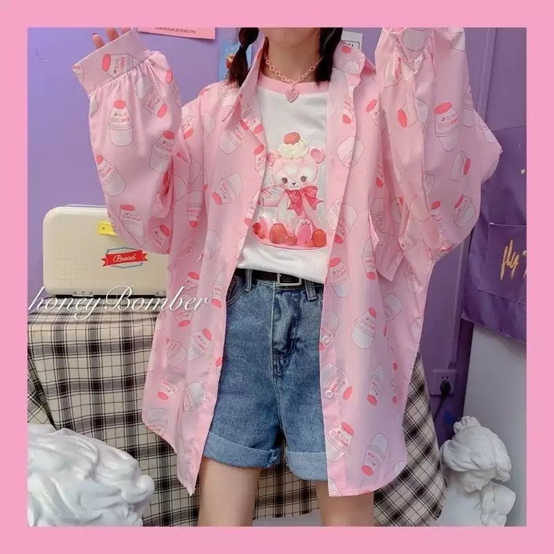 Cute Pastel Pink Strawberry Milk Yogurt Drink Blouse Long Sleeve Shirt Button Up Top Summer Casual E-Girl Kawaii Korean Japanese Harajuku Streetwear