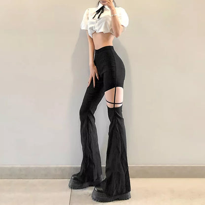 Cute Sexy Black High Waist Flare Trousers Cut Out Hollow Pants Summer Aesthetic Casual E-Girl Kawaii Korean Japanese Harajuku
