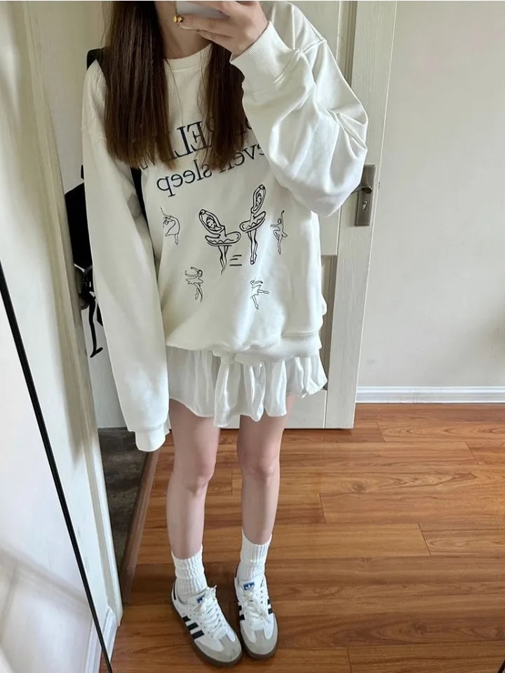 White Ballet Dancer Print Crewneck Sweater
