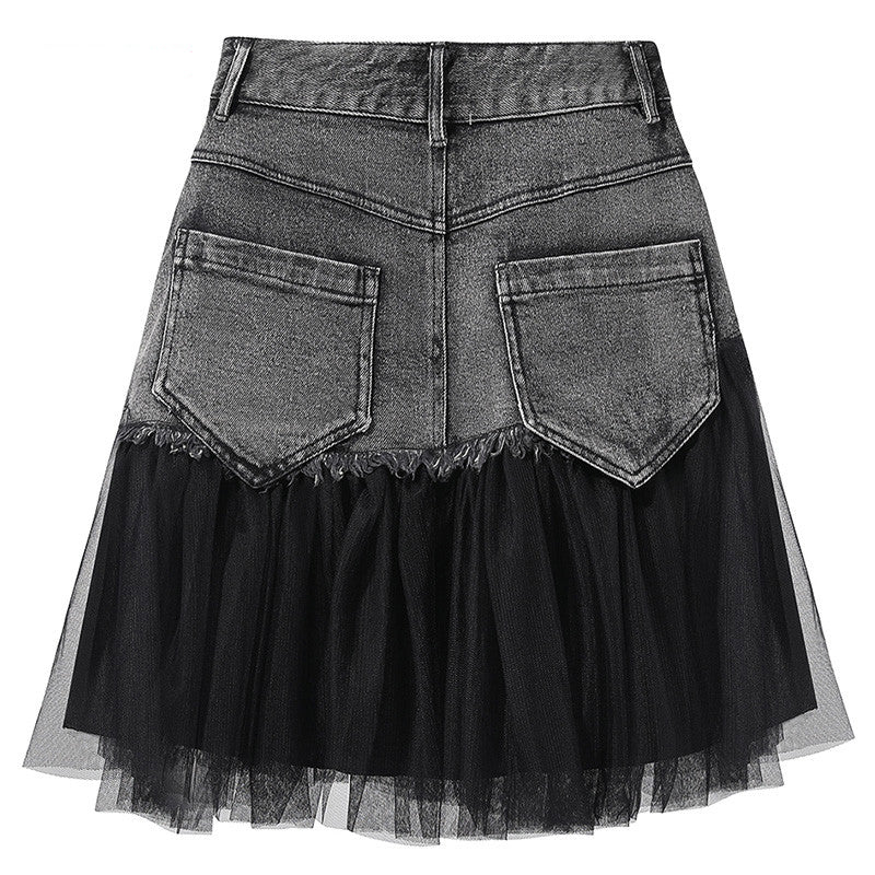 Black Tulle Patchwork Denim Skirt