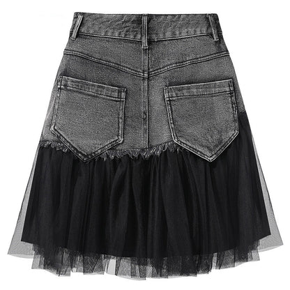 Black Tulle Patchwork Denim Skirt
