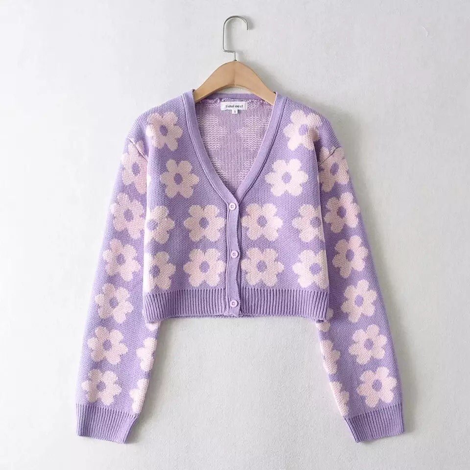 Cute Vintage 90s Purple Pink Flowers Cardigan Long Sleeve Shirt Top V Neck Sweater Jumper Aesthetic E-Girl Kawaii Korean Japanese Harajuku Streetwear