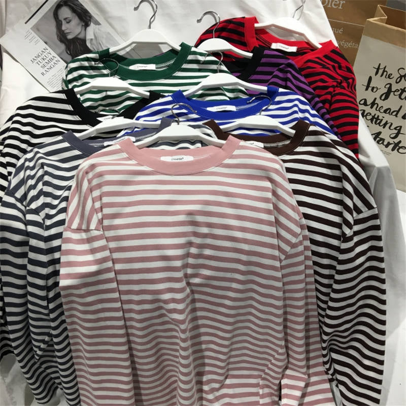 Cute Casual Stripe Round Neck Long Sleeve Tee Shirt T-shirt Top Plus Oversized Baggy E-Girl Kawaii Korean Japanese Harajuku Retro Streetwear