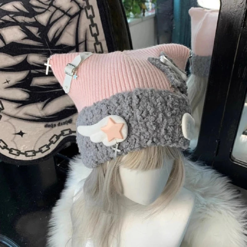 Blue Knit Star Cat Ears Hat