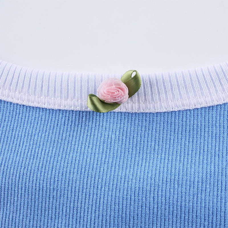 Cute Sexy Flower Rose Color Contrast Crop Top Camisole Shirt Tee T-shirt E-Girl Kawaii Korean Japanese Harajuku Chinese Retro Streetwear Aesthetic