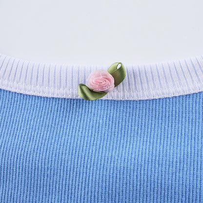 Cute Sexy Flower Rose Color Contrast Crop Top Camisole Shirt Tee T-shirt E-Girl Kawaii Korean Japanese Harajuku Chinese Retro Streetwear Aesthetic