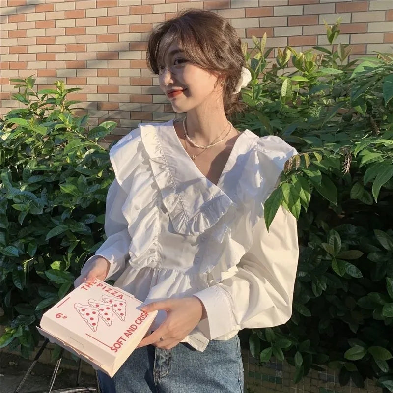 White Ruffle Long Sleeve Blouse
