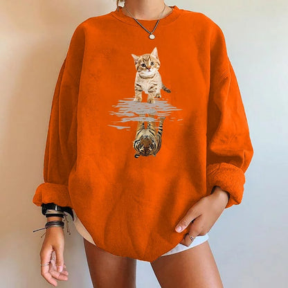 Cute Funny Cat Tiger Cartoon Print Long Sleeve Crewneck Sweatshirt Pullover Aesthetic Casual E-Girl Kawaii Korean Japanese Harajuku